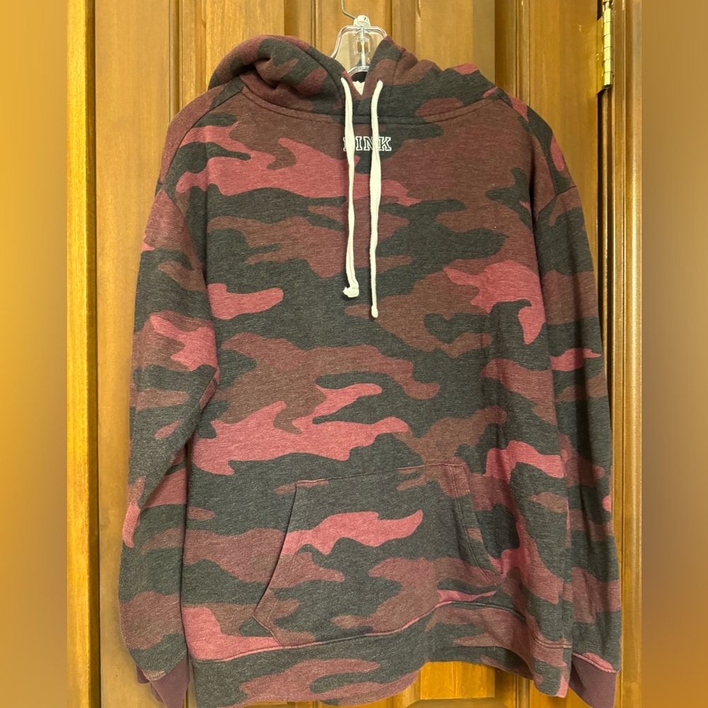 Victoria's Secret Pink Bling Campus Sherpa Fleece Hoodie Burgundy Camo Size S